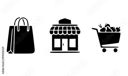 A set of three black shopping icons featuring a shopping bag, retail store front, and grocery cart, isolated on white background, perfect for commerce, retail, and market design concepts