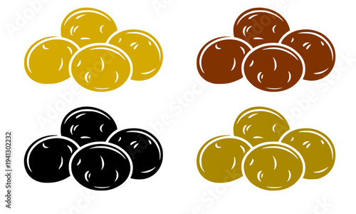 A colorful set of four potato or round food icons in yellow, brown, black, and olive tones, isolated on white background, perfect for agriculture, food, and grocery design concepts