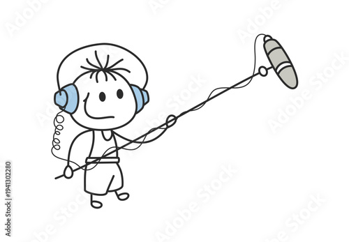 Stick Figure Boy with Headphones and Microphone Hand Drawn Doodle Vector