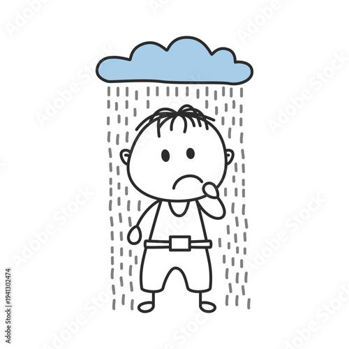 Sad Stick Figure Boy Standing in Rain with Cloud Doodle Vector Illustration
