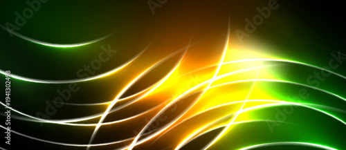 Bright abstract lines create dynamic energy. Green, yellow, orange hues blend, forming glowing curves against black background.