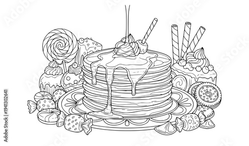 Sweet pancake stack with dripping syrup surrounded by candies, fruits and desserts vector illustration in cute outline style for kids coloring page