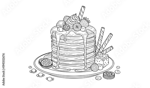 Delicious pancake stack with fruits and wafer rolls vector illustration in cute cartoon outline style for dessert menu, kids coloring page and breakfast design