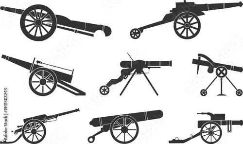 A collection of black silhouettes depicting various historical cannons and artillery pieces on a white background
