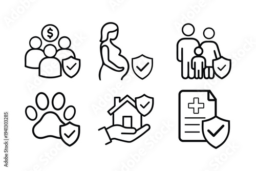 Collection of conceptual insurance protection icons representing various life aspects and security