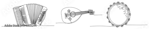 Continuous one line drawing of accordion lute and tambourine musical instruments