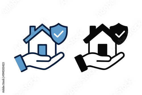 Hand holding a house icon with a shield and checkmark representing security and safety