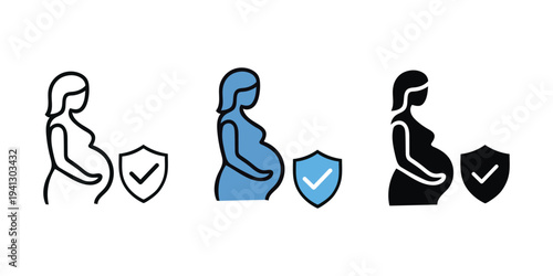 Illustration of three pregnant women silhouettes with protection shields and checkmarks isolated on transparent background