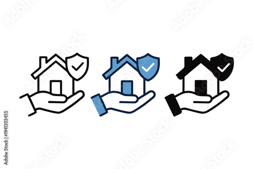 Set of three house insurance icons representing protection and security with a hand holding a house under a shield