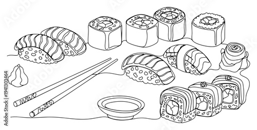 Continuous one line drawing of sushi set with maki rolls nigiri and chopsticks