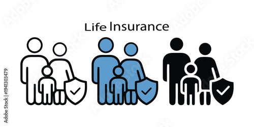 Three simplified iconographic representations of family units protected by a shield symbolizing life insurance security