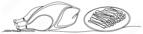 Minimalist continuous one line drawing of whole roasted chicken and a side dish