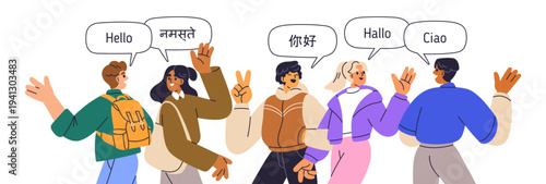 Multilingual greeting, international communication. People speaking native and foreign languages. Speakers saying hello, hi word translation. Flat vector illustration isolated on white background