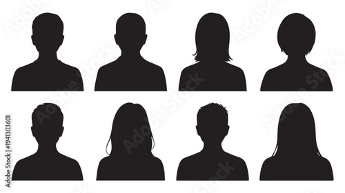Silhouettes of people in various profiles and headshots in black on white background for user interface design