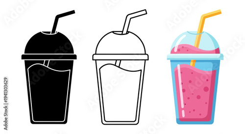 A collection of three distinct vector illustrations featuring a refreshing takeaway drink, complete with a dome lid and straw, depicted in silhouette, outline, and vibrant color variations.