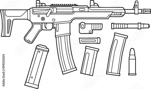 A detailed outline drawing displays various parts of a disassembled modern assault rifle system on a white background