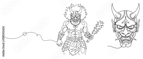Japanese Oni demon warrior with club and traditional hannya mask in continuous line art