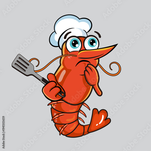 Funny Shrimp Chef Cartoon Mascot Cooking, Cute Seafood Shrimp Chef Character vector Illustration