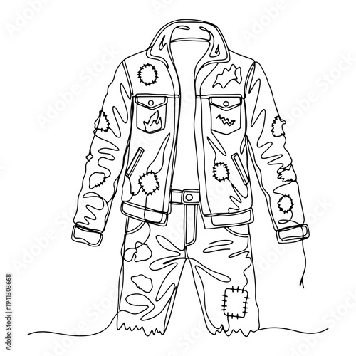 Continuous one line drawing of a denim jacket and patched jeans streetwear outfit