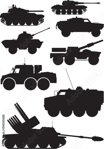 A diverse set of military vehicles including tanks and armored carriers in black silhouettes