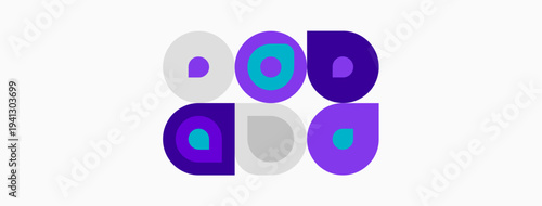 Abstract geometric shapes, purple hues, gray accents. Minimalist design, clean lines, modern aesthetic. Composition features circles, squares.