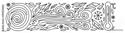 Abstract line art illustration of winter weather with cold wind and thermometer symbols