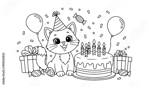 A cute cartoon cat celebrating a birthday with a cake and balloons