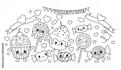 Cute kawaii Valentine sweets characters vector illustration with cupcake, candies, lollipop and hearts in cartoon outline style for kids coloring page design