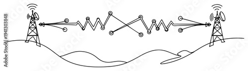 Continuous one line drawing of telecommunication towers with signal transmission waves over hills