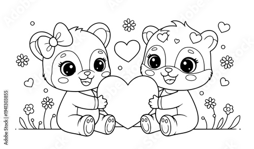 Cute cartoon bear couple holding heart vector illustration in kawaii style with flowers and love elements for kids coloring page and valentine design