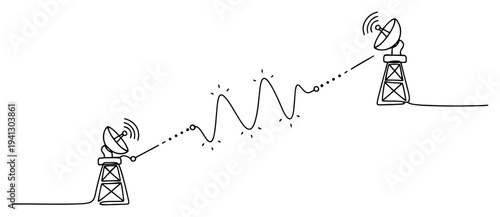 Minimalist continuous line drawing of two satellite dishes communicating via signal waves