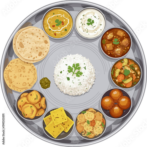 Indian Thali Platter with Curry Rice Roti and Dessert Gulab Jamun