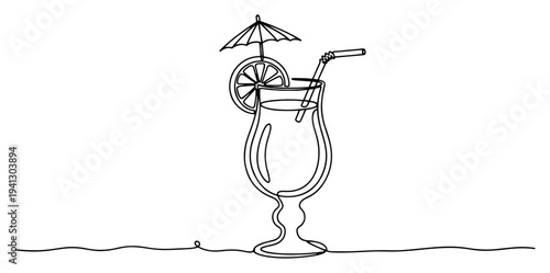 Minimalist continuous one line drawing of a tropical cocktail glass with orange and umbrella