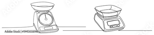 Continuous one line drawing of analog and digital kitchen scales for food measurement