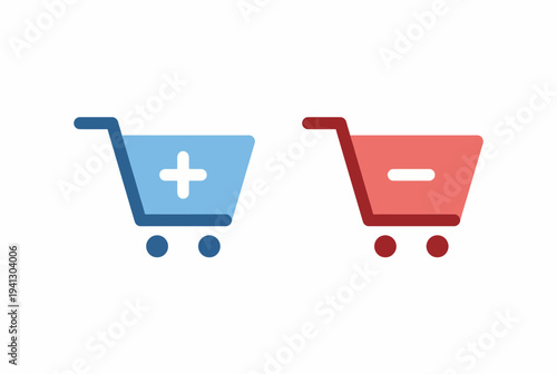This image presents two shopping cart icons, one displaying an addition symbol and the other a subtraction sign, facilitating a shopping experience for online users.