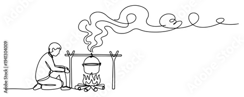 Person cooking food in a pot over campfire while camping in continuous line art style