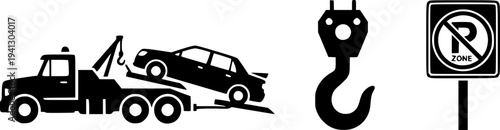 Towing Service and Roadside Assistance Silhouette Set - Wrecker Truck, Damaged Car and No Parking Sign Vector