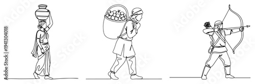 Set of three continuous line drawings featuring traditional Indian people and an archer