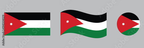 Jordan Flag Set Flat, Waving and Circle National Flag of Jordan Vector Illustration