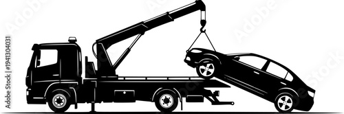 Towing Service and Roadside Assistance Silhouette Set - Wrecker Truck, Damaged Car and No Parking Sign Vector