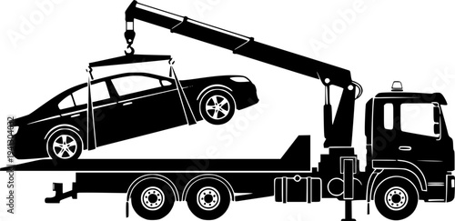 Towing Service and Roadside Assistance Silhouette Set - Wrecker Truck, Damaged Car and No Parking Sign Vector