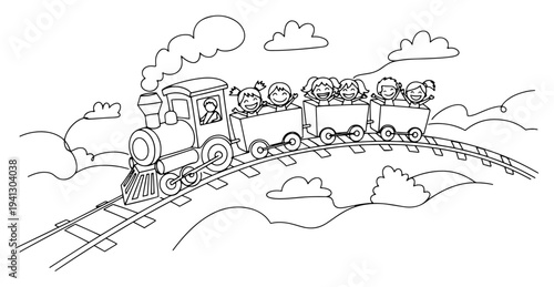Playful continuous line illustration of a steam train with children traveling across the countryside