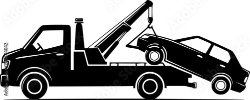 Towing Service and Roadside Assistance Silhouette Set - Wrecker Truck, Damaged Car and No Parking Sign Vector