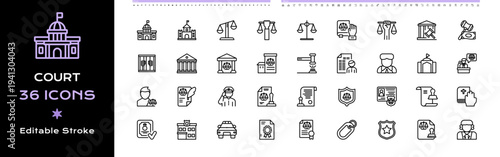 Court Line Icons - Vector Editable Stroke Illustration Icon Sheet.