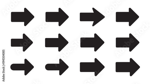 Black Arrows Pointing in Various Directions in Simple Flat Design on White Background for Graphic Design