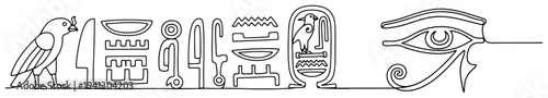 Minimalist continuous line art of ancient Egyptian hieroglyphs and the eye of Horus