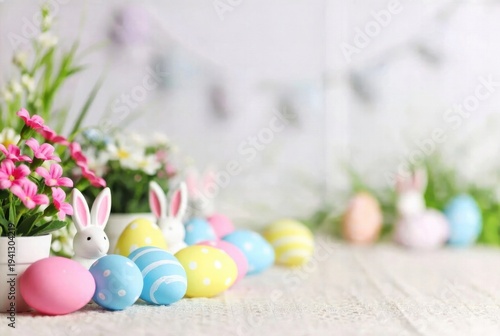 White and pink bunny figurines sit beside potted flowers and a line of striped Easter eggs on a textured white woven surface.