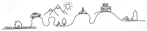 Continuous one line drawing showing a travel journey from home to mountains and beach