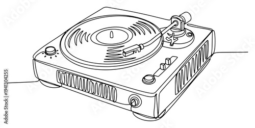 Vintage vinyl record player turntable illustration in a minimalist continuous line art style
