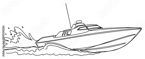 Minimalist continuous one line drawing of a fast speedboat on sea water